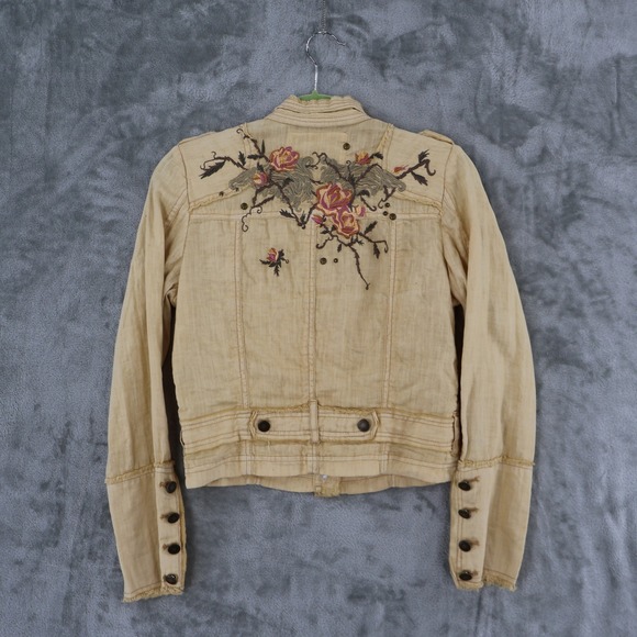 SL Los Angeles Embroidered Linen Military Jacket Womens Large Yellow Boho Su - Picture 4 of 16